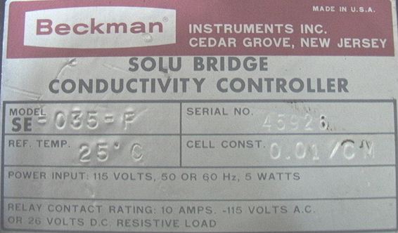 Beckman Solu Bridge Conductivity Controller SE 035 F  