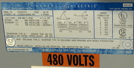 112.5 KVA Transformer 480D to 208/120Y Dry Type  