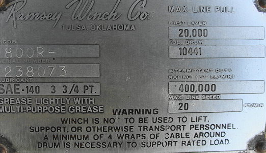 Thewinch is a Ramsey 800R listed at 20,000 pounds, 400,000 foot pounds 